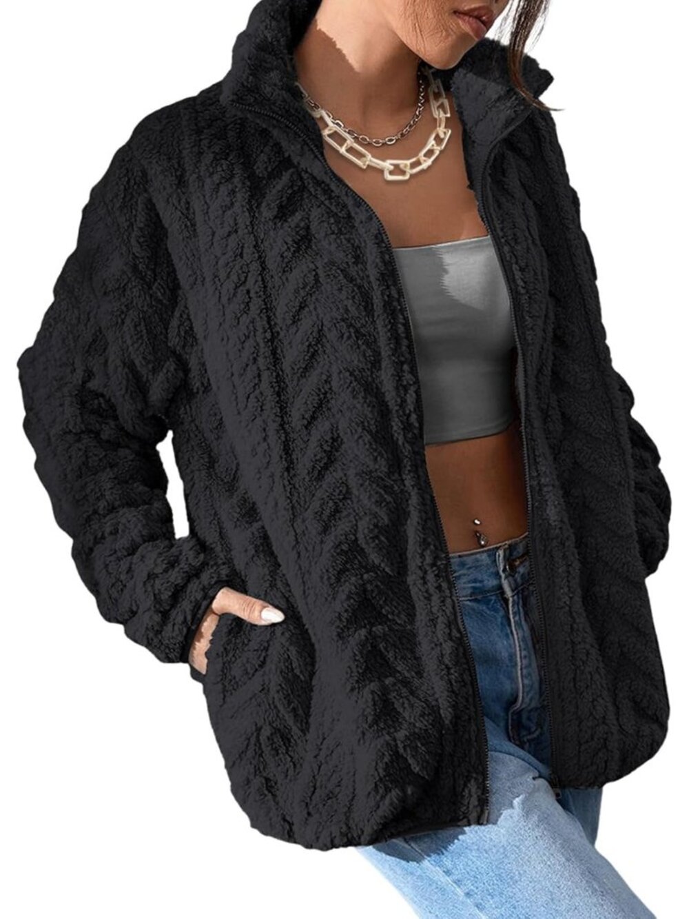 〽️Black Women's Sherpa Fleece Zip Up Jacket Oversized Winter Coat